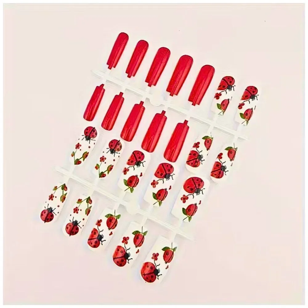 NWT Custom Ballet Mid Length Ladybug Press On Nails Floral 24 Pcs Set